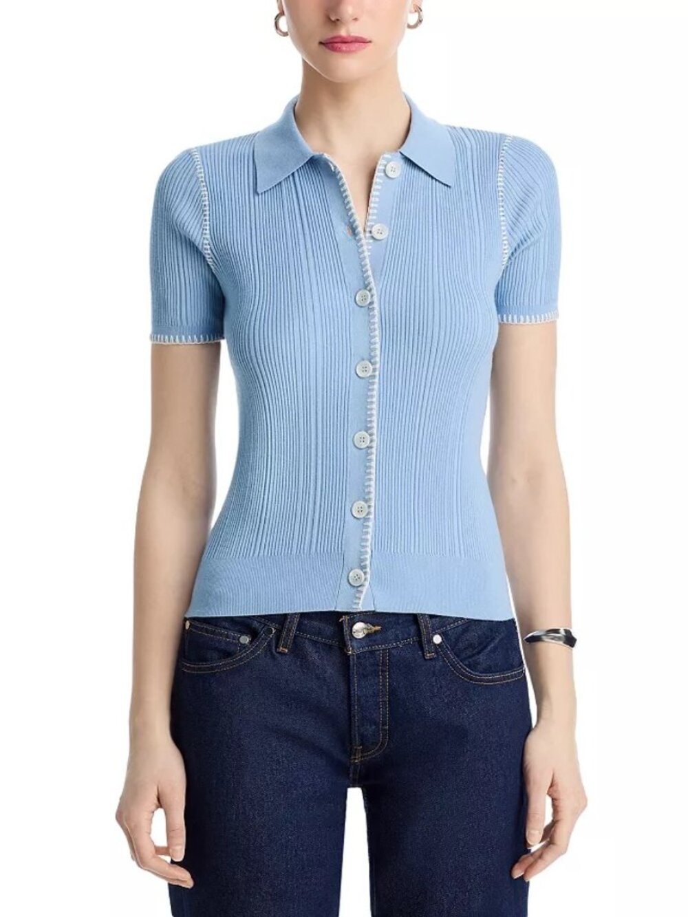 Rag & bone Harper Whipstitch Detail Short-Sleeve Cardigan in Sky Blue Small